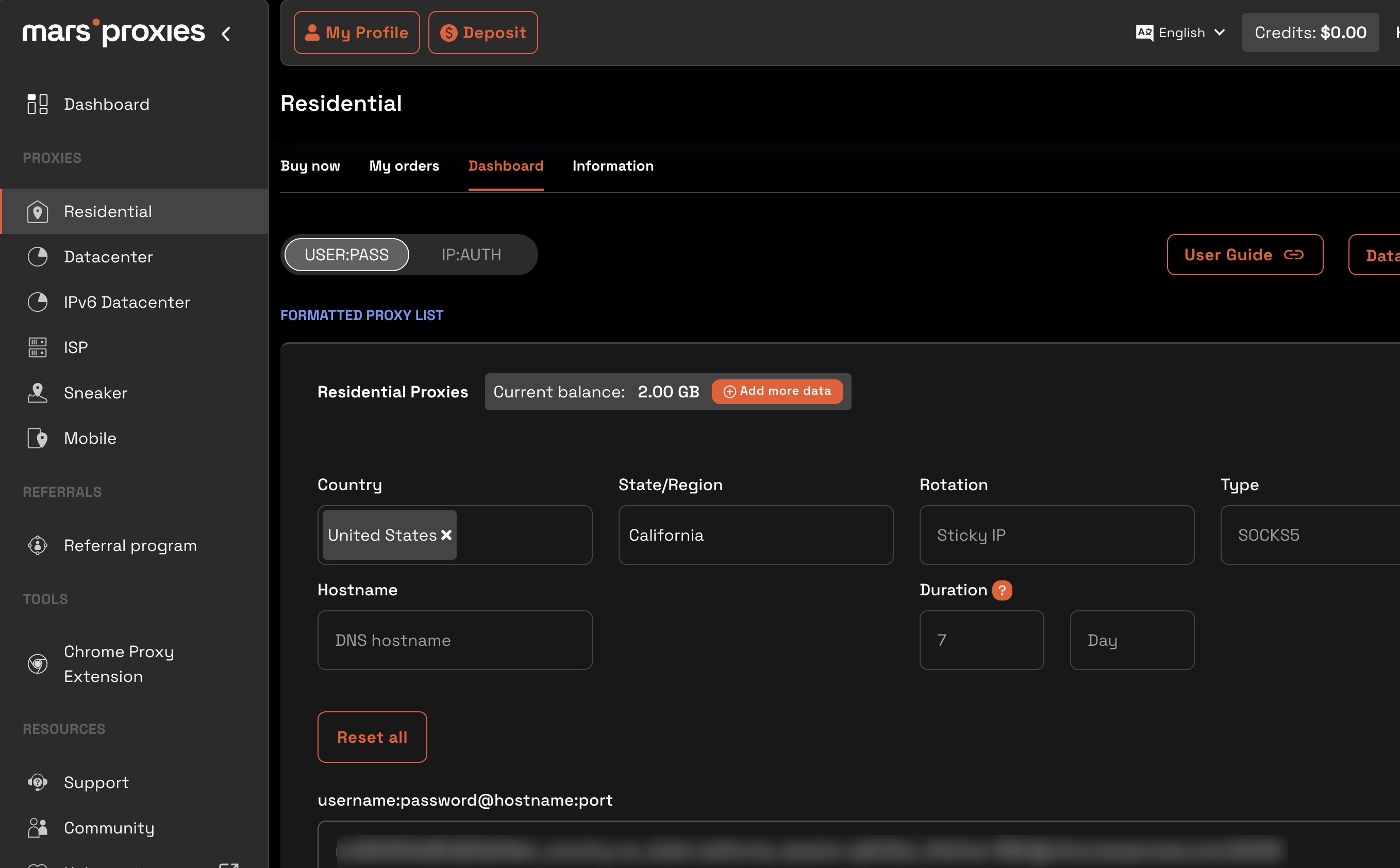 MarsProxies web page